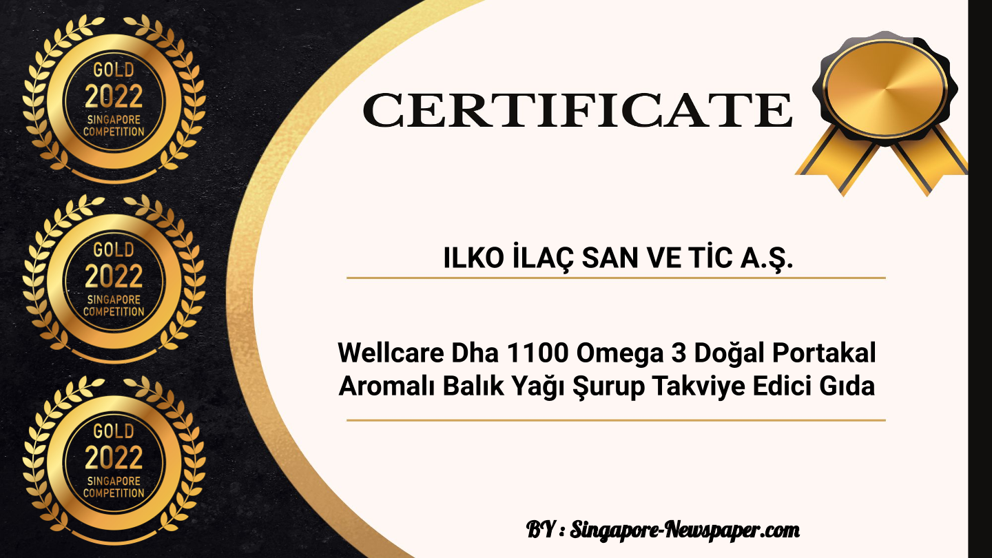 2022 GOLD Medal Certificate Singapore 2022 Wellcare Dha 1100 Omega 3 Portakal Aromalı Balık Yağı Şurup Takviye Edici Gıda
