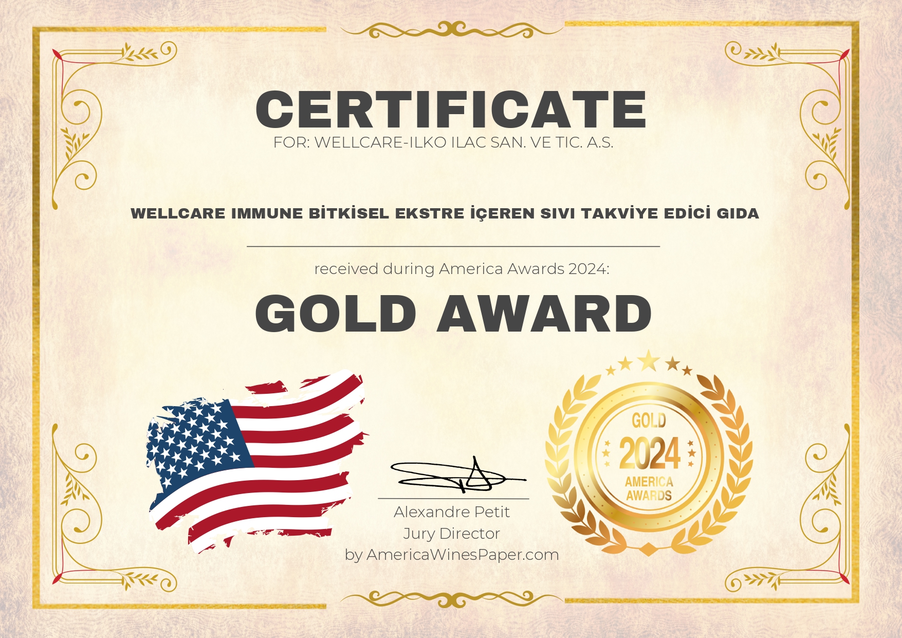 2023 America Food Awards Gold Award Wellcare Immune Bitkisel Ekstre İçeren Sıvı Takviye Edici Gıda